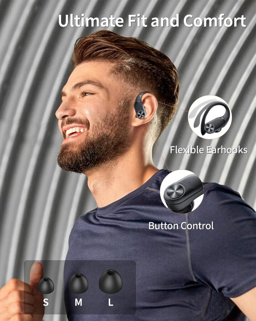 Bluetooth Headphones Wireless Earbuds 80hrs Playtime Wireless Charging Case Digital Display Sports Ear buds with Earhook Premium Deep Bass IPX7 Waterproof Over-Ear Earphones for TV Phone Laptop Black : Electronics