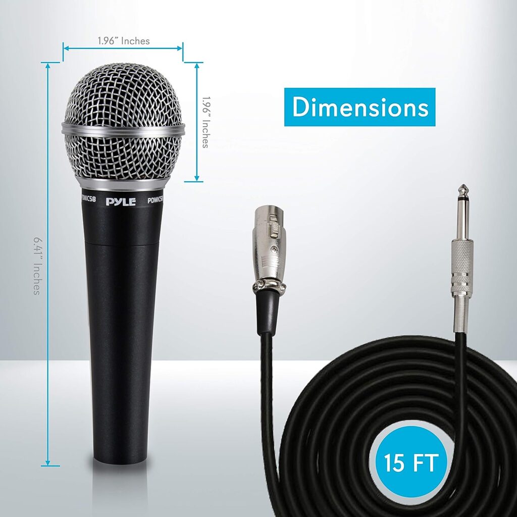 Pyle Handheld Microphone Dynamic Moving Coil Cardioid Unidirectional Includes 15ft XLR Audio Cable to 1/4 Audio Connection (PDMIC58)