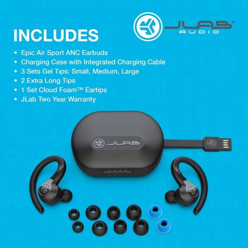 JLab Epic Air Sport ANC True Wireless Bluetooth 5 Earbuds - Headphones for Working Out - IP66 Sweatproof - 15-Hour Battery Life, 55-Hour Charging Case - Music Controls - 3 EQ Sound Settings